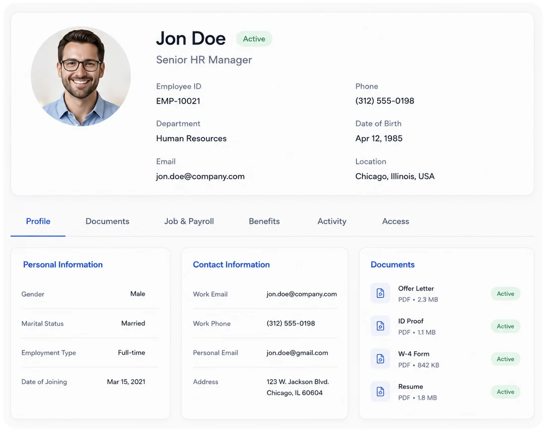 HummingBird Core HR employee profile screen with personal, contact and document details
