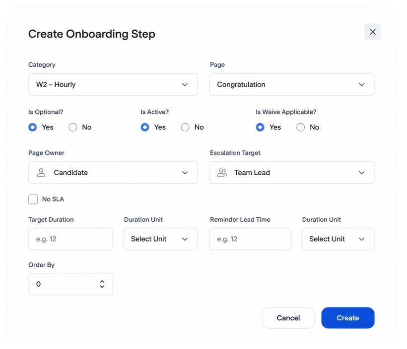 HummingBird create onboarding step with SLA configuration