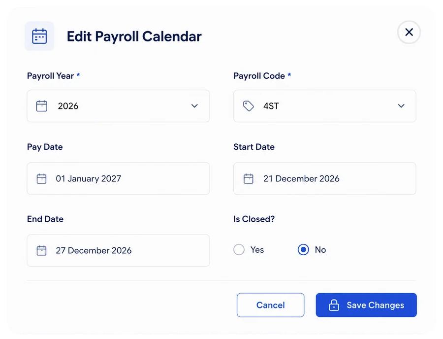 HummingBird payroll calendar with cycle dates