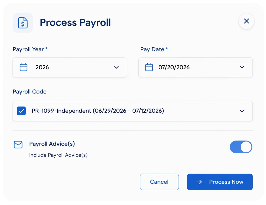 HummingBird payroll processing run screen
