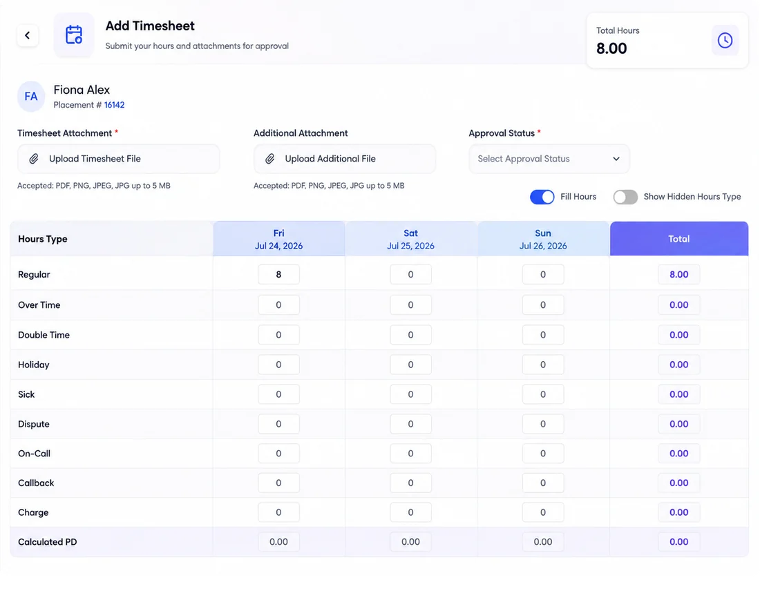 HummingBird timesheet entry with hour types